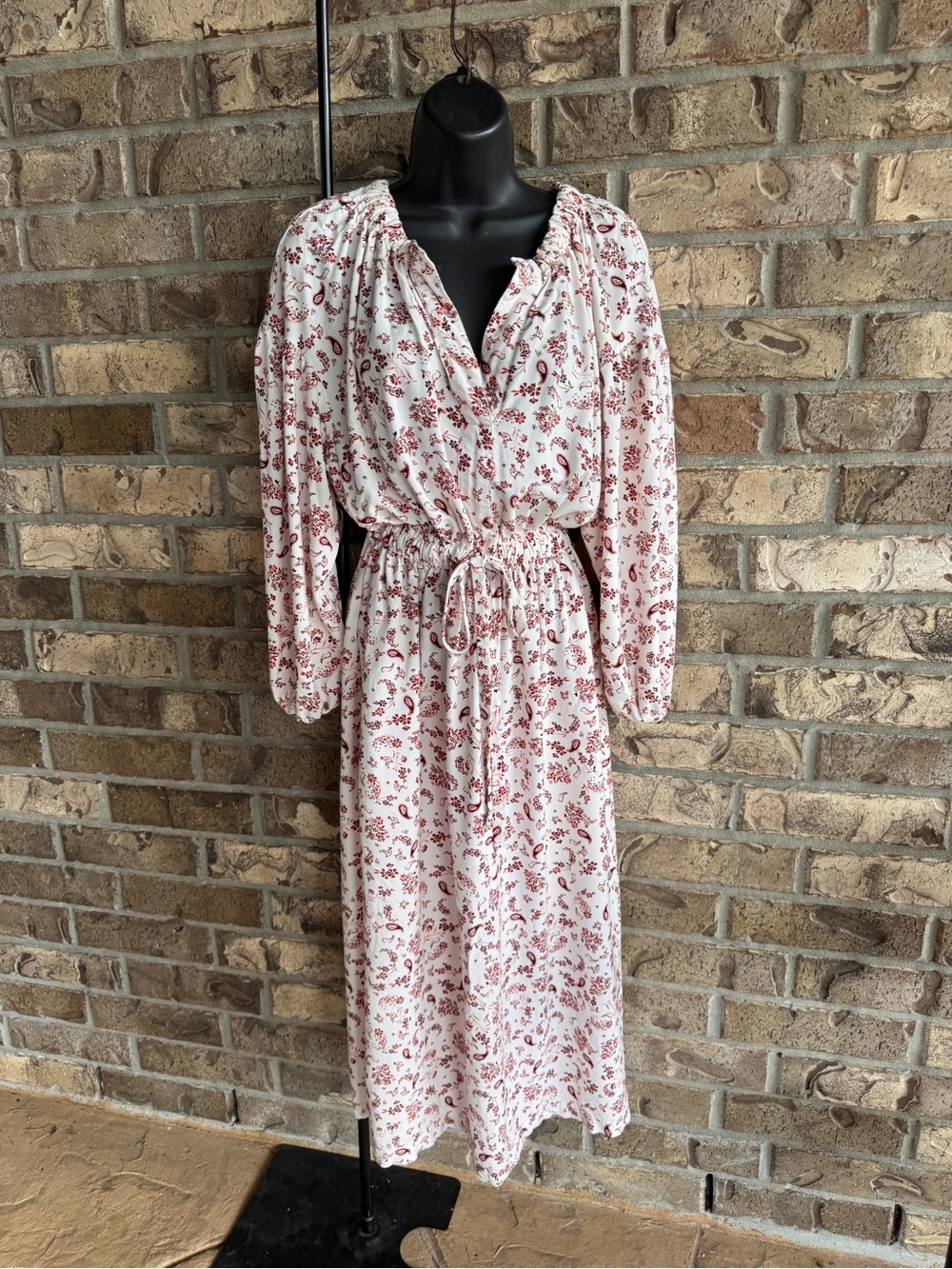 Xirena Salma Cinch Midi Dress S Cream Red Paisley Long Sleeve Rayon Boho - Picture 4 of 14